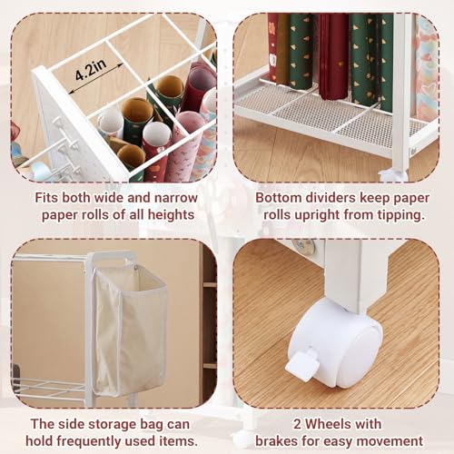 Rolling Wrapping Paper Storage Cart with Wheels and Slap Bands