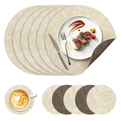 13" Round Faux Leather Placemats Set of 6 with Coasters, Reversible & Wipeable