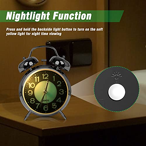 Loud Twin Bell Alarm Clock for Heavy Sleepers - 4.5" Retro Silent Metal Clock