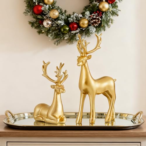 LULU Deer 2-Piece Gold Resin Reindeer Figurines for Christmas Home Decor