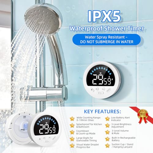 Waterproof Digital Shower Timer with LED Display and Suction Cup