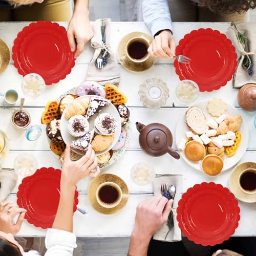 50 Pcs Red Scalloped Paper Plates 25 × 7'' and 9'' Disposable Dinner