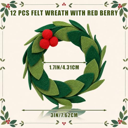 Mini Felt Christmas Wreaths - 12 Pack for Holiday Crafts & Decor, 1.75 inch