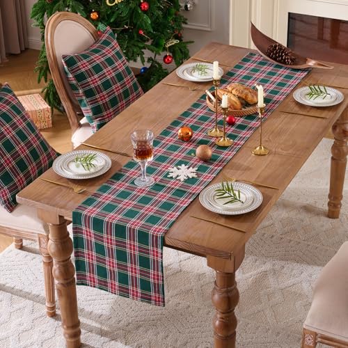 JOJOGOGO Green Tartan Plaid Christmas Table Runner 108 x 13 Inches - Festive Holiday Decor