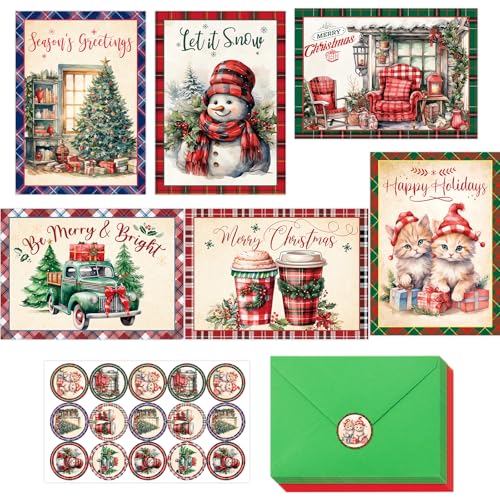 Vintage Christmas Cards with Envelopes - 12 Plaid Retro Holiday Note Cards