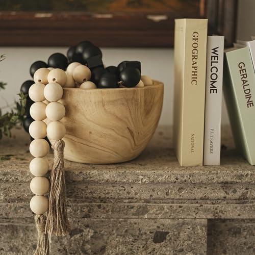 41-Inch Extra Large Wood Bead Garland with Tassels, Farmhouse Decor