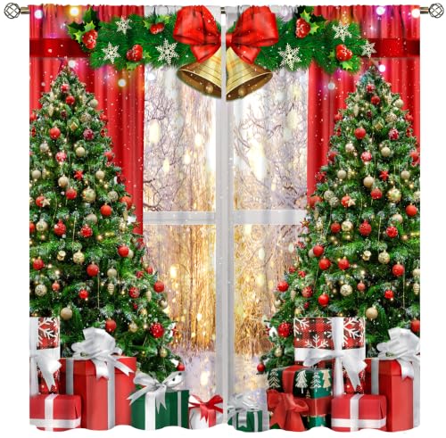 TYVGICZ Christmas Window Curtains 42x45 Inch Pack of 2 - Bell Snow Tree Holiday Drapes