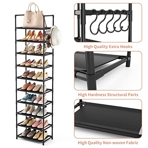 10-Tier Tall Narrow Shoe Rack Organizer with Hooks, Fits 20-25 Pairs