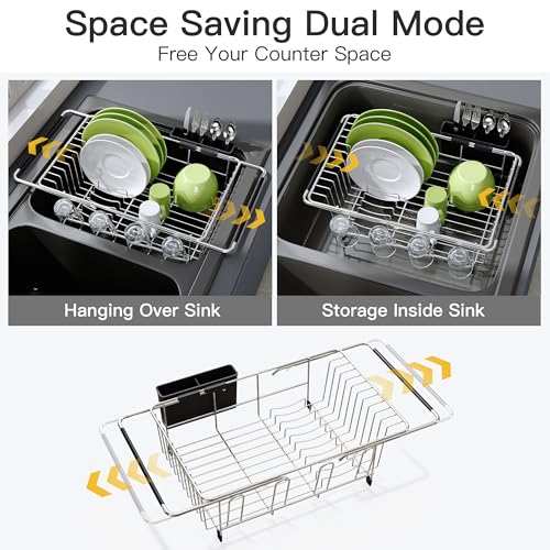 Expandable Stainless Steel Over the Sink Dish Drying Rack with Utensil Holder