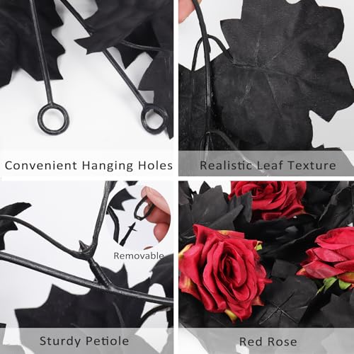 Artificial Black Maple & Red Rose Garland - 5.7ft Hanging Vine (2 Pack)