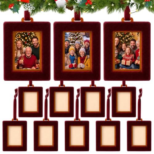 Qunclay Burgundy Velvet Christmas Picture Frame Ornaments Set, 12 pcs