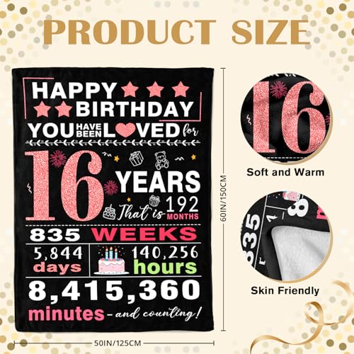 Sweet 16 Birthday Throw Blanket for Girls, 50x60 Inch Soft Fleece Gift