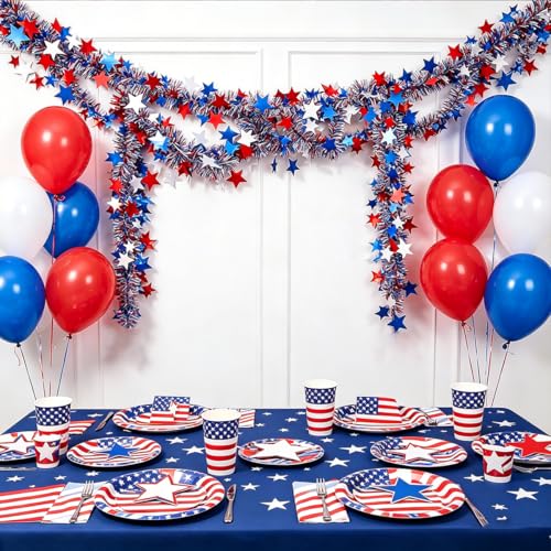Patriotic Red White & Blue Star Tinsel Garland - 33 Ft 4th of July Decor