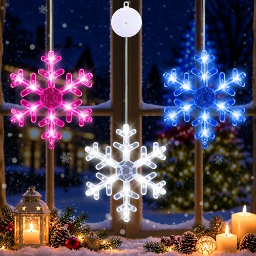 Faiclrr 3-Pack Snowflake Christmas Window Lights Battery Operated with Suction Cups, Indoor & Outdoor Holiday Decor