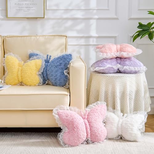 Butterfly Shaped Throw Pillow with Lace Trim, Soft Plush Decorative Cushion