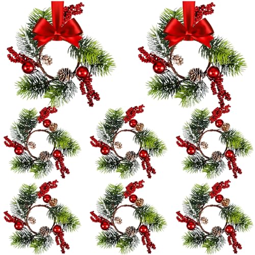8-Piece Christmas Candle Ring Wreaths with Berry, Pinecone & Poinsettia