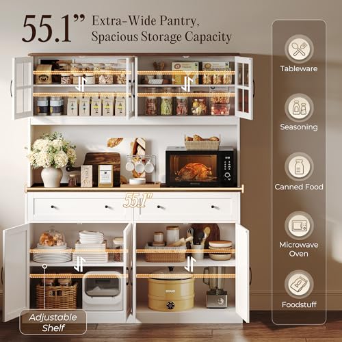 Tall Farmhouse Kitchen Pantry Cabinet with Charging Station and 2 Drawers