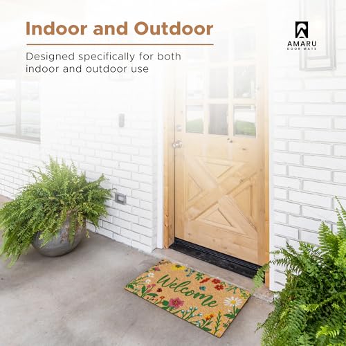 Floral Coir Welcome Mat, 17x29 Inch Non-Slip Outdoor Entryway Door Mat