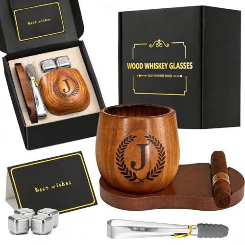 Personalized Charred Wooden Whiskey Glass for Men Dad Husband J - Bourbon & Spirits Gift
