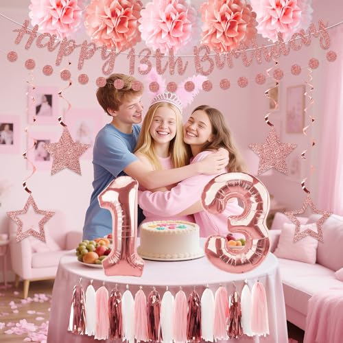 13th Birthday Decorations Kit for Girls, Pink and Rose Gold Party Supplies