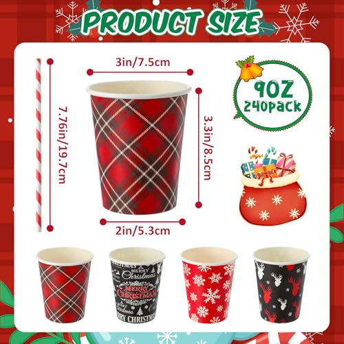 FoldTier 240-Count Classic 9 oz Christmas Hot Cocoa Cups with 240 Straws – Includes Festive Designs