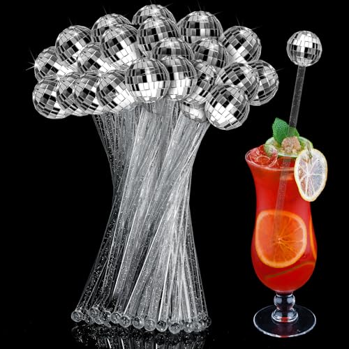 Sawysine Silver Disco Ball Drink Stirrer 48 pcs - Party Cocktail Picks, Shiny Decor