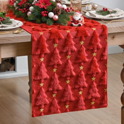 Artoid Mode Christmas Table Runner 13x36 Inch Red Gold Faux Fur Jacquard Holiday Decor