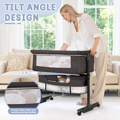 3-in-1 Baby Bedside Sleeper Bassinet with Wheels & Rocking Mode - Gray