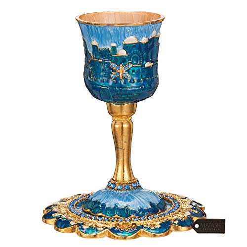 Hand-Painted Enamel Kiddush Cup Set with Tray and Crystal Embellishments