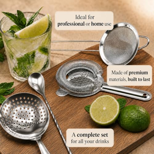 TheBarsentials 5-Piece Stainless Steel Cocktail Strainer Set with Stirring Spoon - Hawthorne, Julep, Fine Mesh & Jigger