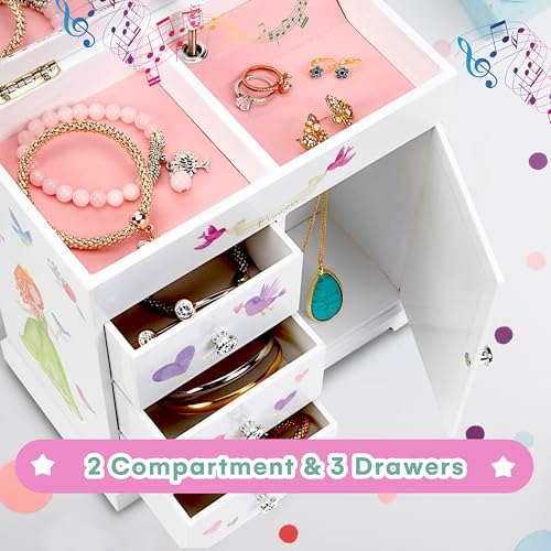 Musical Jewelry Box for Girls with Spinning Princess and 3 Drawers