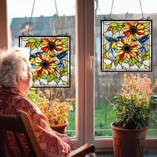Handcrafted Sunflower Stained Glass Window Panel with Birds