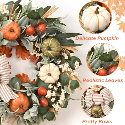 22-Inch Fall Wreath with Pumpkins and Berries for Front Door Decor
