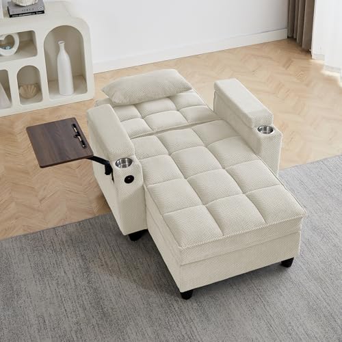 Convertible Sleeper Chair with Storage, USB Port & Swivel Tray Table