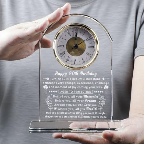 80th Birthday Crystal Glass Clock Gift for Women and Men