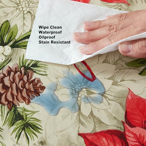 Newbridge 70 Inch Round Majestic Poinsettia Vinyl Christmas Tablecloth with Flannel Backing