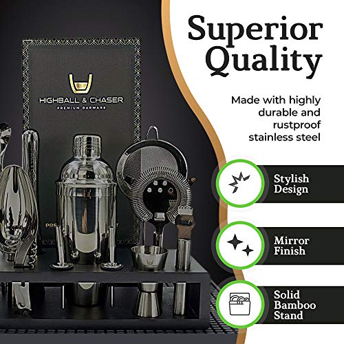 Highball & Chaser Gunmetal 13-Piece Cocktail Shaker Set with Bar Tools & E-Book