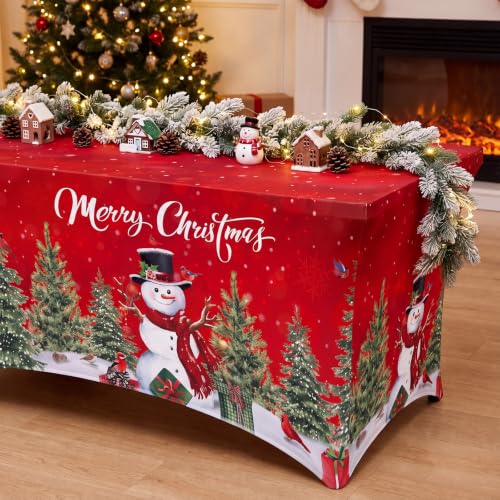 Merry Christmas Stretch Table Cover 2 Pack for 6ft Tables Red Snowman Pine Tree