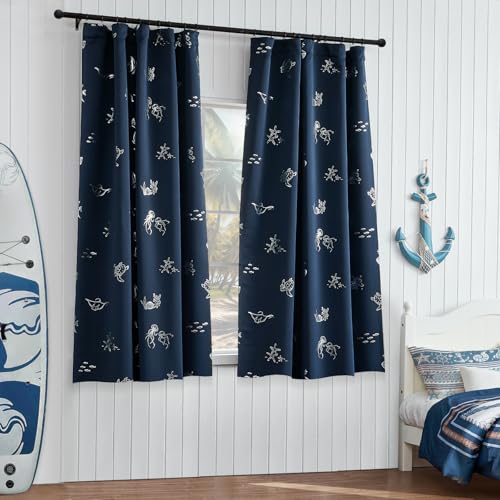 Ocean Print Blackout Curtains for Kids Bedroom, 52x63 Inch Navy, 2 Panels