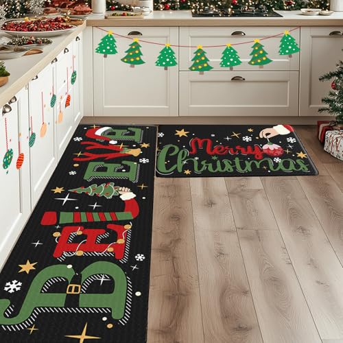 Dintszyayue Christmas Kitchen Rug Set 2 pcs Non Slip Santa Snowman 17x30+17x48 Black