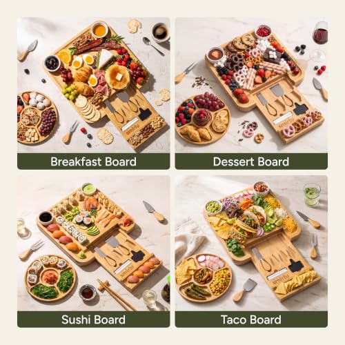 Bamboo Charcuterie Board Set with Serving Accessories and Cheese Knives