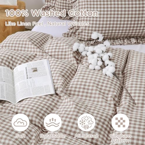 Tan Gingham Ruffle Duvet Cover Set - Queen 100% Washed Cotton Bedding