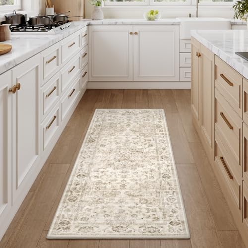 2x6 Beige Vintage Runner Rug, Washable Non-Slip Low Pile Farmhouse Carpet