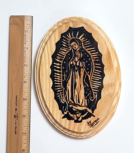 Handmade Virgin Mary Wood Burning Pyrography Art 7x5 Inch Wall Plaque