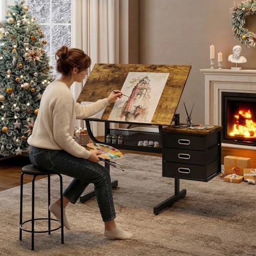 Adjustable Drafting Table and Stool Set with 3 Drawers, Black