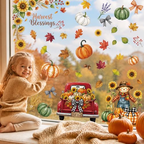 Fall Window Clings - 9 Sheets Pumpkin & Leaf Decals for Home Decor