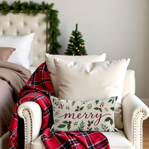 HERHOME Red & Green Christmas Throw Pillow Cover 20x12 with Holly Berries
