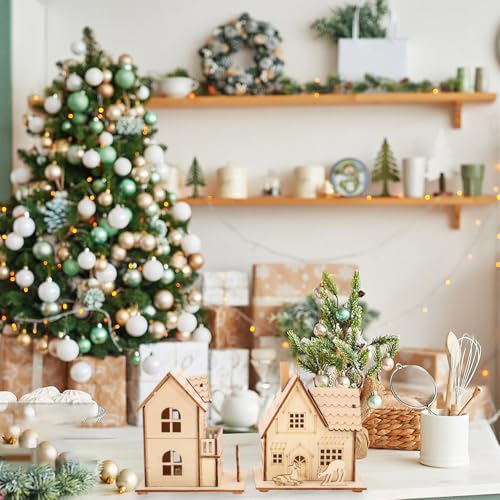 3-Piece LED Christmas Village Houses, Unfinished Wooden Rustic Decor