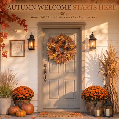 26-Inch Lighted Fall Wreath with Maple Leaves, Pinecones and Berries