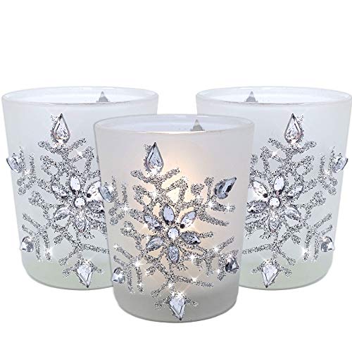 Snowflake Frosted Glass Candle Holders with LED Candles - Set of 3